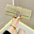 Geometric Rhinestone Flap Evening Clutch – Gold held for scale | BTendance