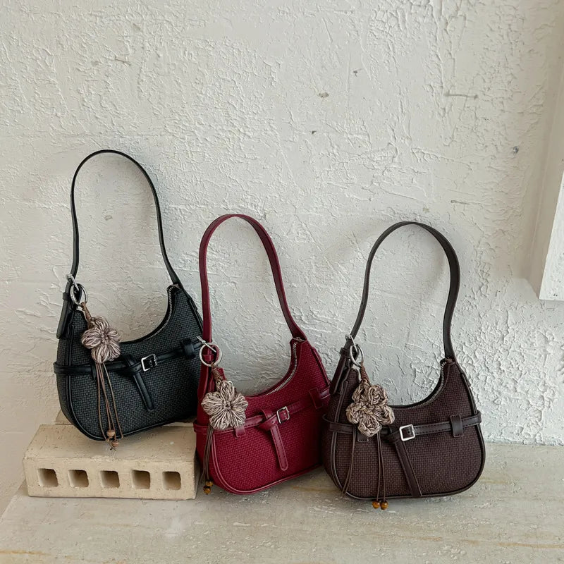 Buckle shoulder bag with floral charm – Black, red and brown bags on display | BTendance