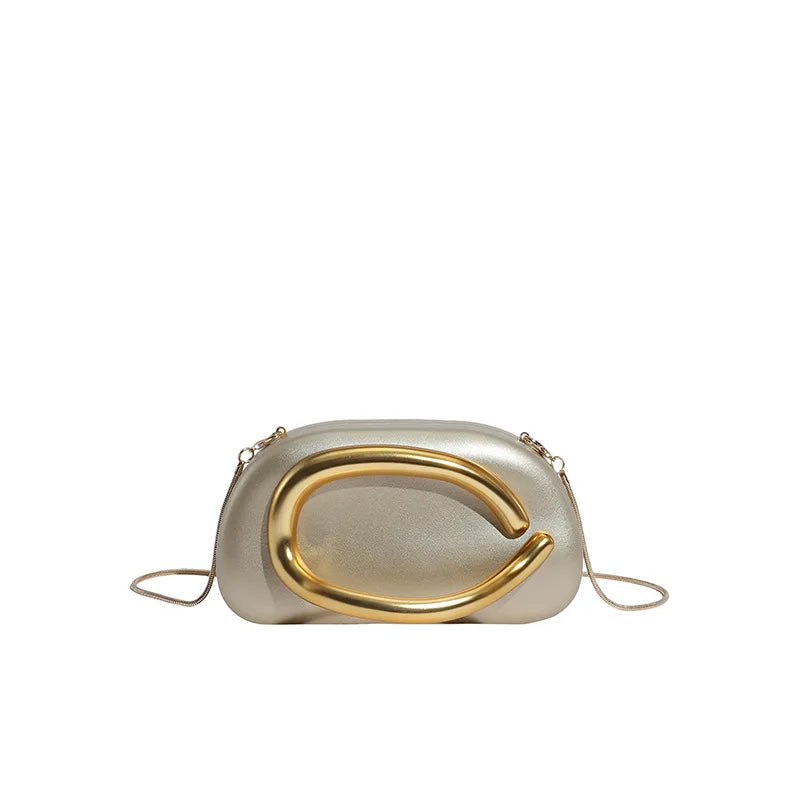 Women's Oval Faux Leather Clutch with Sculptural Metal Accent – Gold front | BTendance