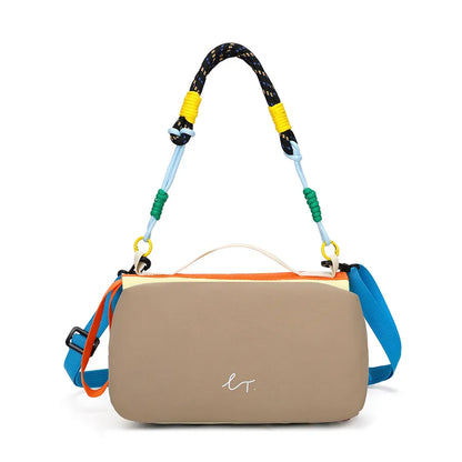 Color-block crossbody bag with rope handle — taupe front view on white background | BTendance