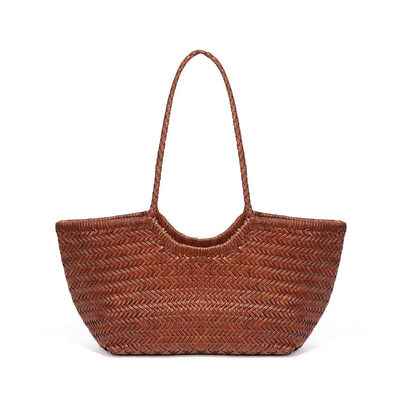 Woven texture tote with drawstring lining – Rust brown tote, front view | BTendance
