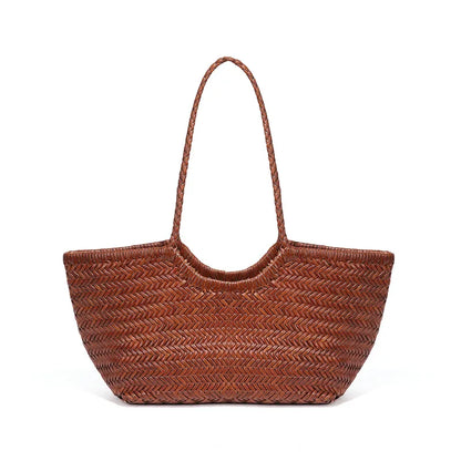 Woven texture tote with drawstring lining – Rust brown tote, front view | BTendance