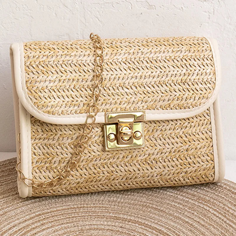 Woven flap crossbody bag with chain strap – Cream trim bag with square gold clasp | BTendance