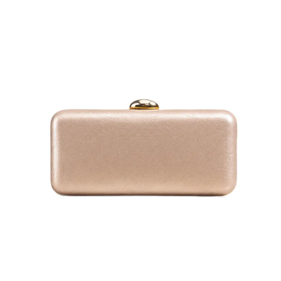 Rectangular evening clutch with oval metal clasp — champagne on white background | BTendance