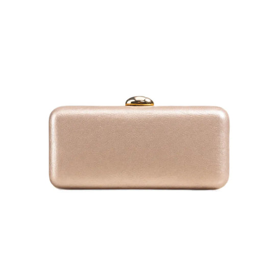 Rectangular evening clutch with oval metal clasp — champagne on white background | BTendance