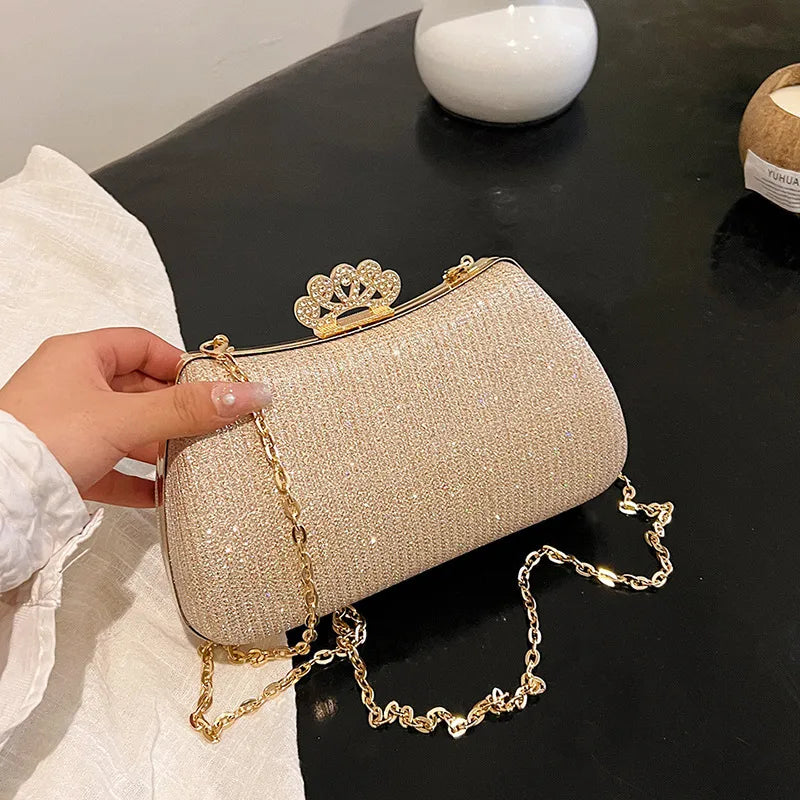 Women's Crown Clasp Rhinestone Evening Bag – Gold held for scale | BTendance