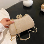 Women's Crown Clasp Rhinestone Evening Bag – Gold held for scale | BTendance