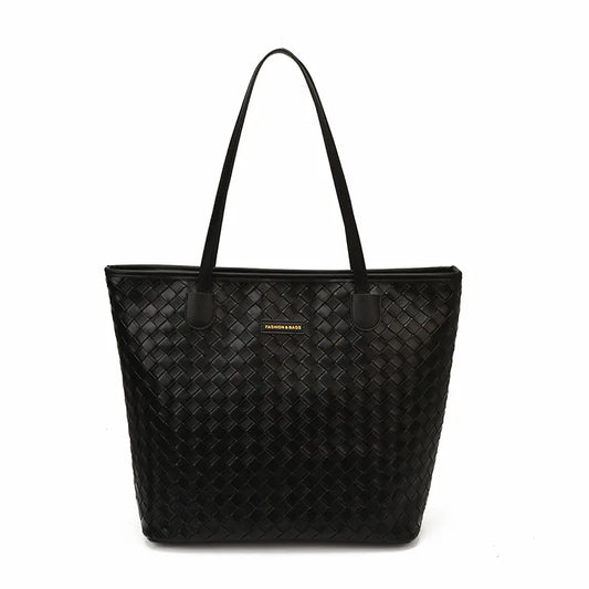 Woven texture shoulder tote bag – Black tote on white background | BTendance