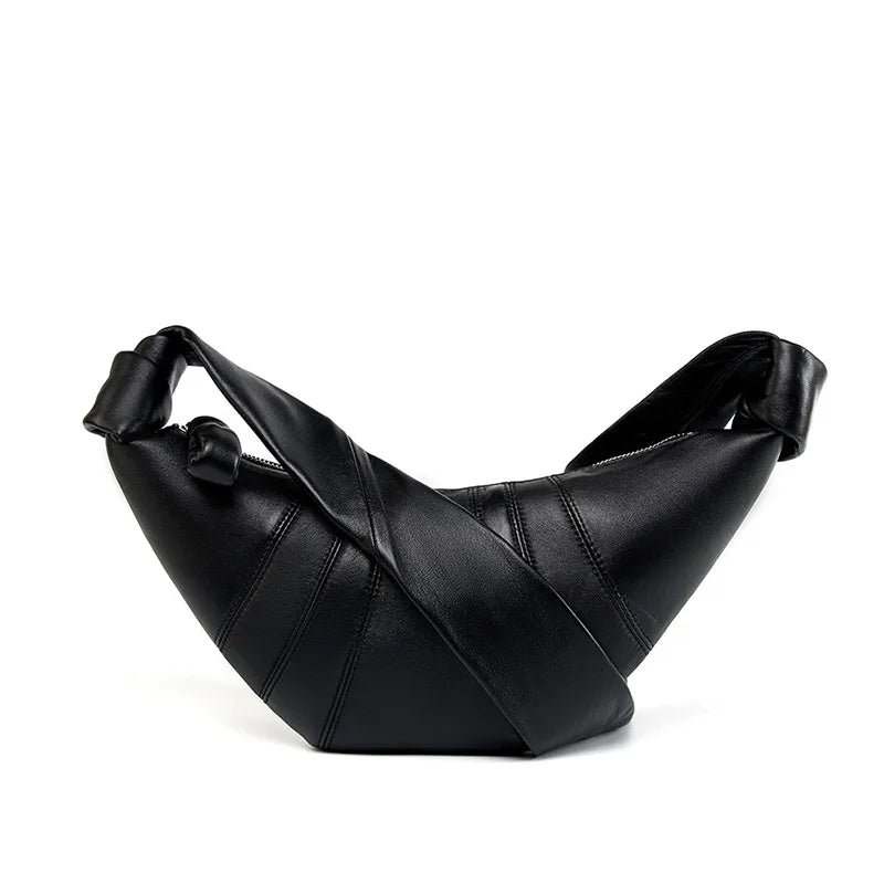 Panelled crescent sling bag – Black bag, alternate angled view | BTendance