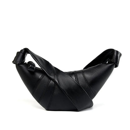 Panelled crescent sling bag – Black bag, alternate angled view | BTendance