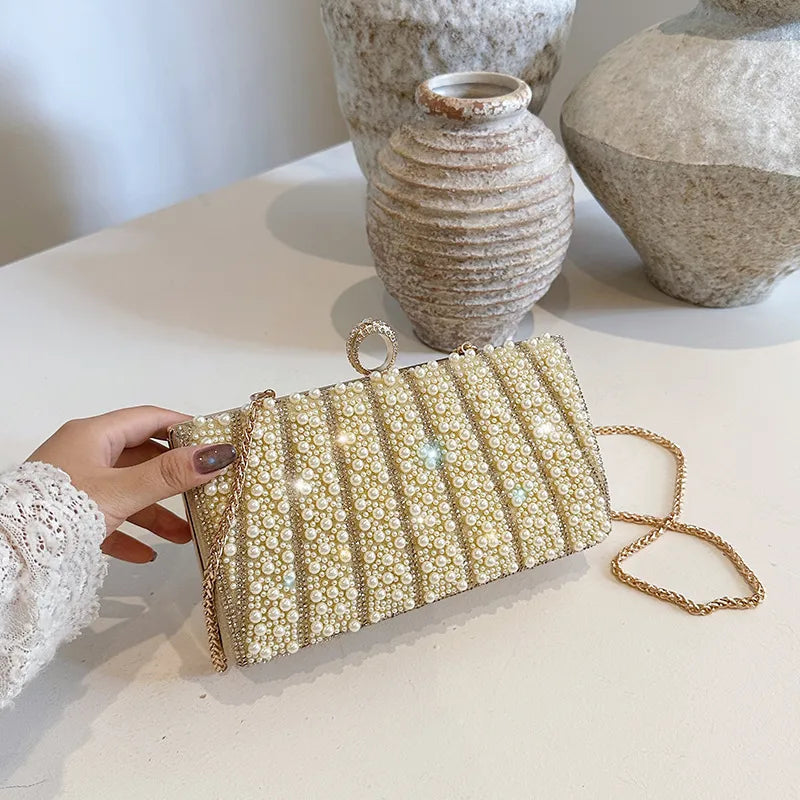 Women's Pearl-Effect Striped Evening Clutch – Gold front | BTendance