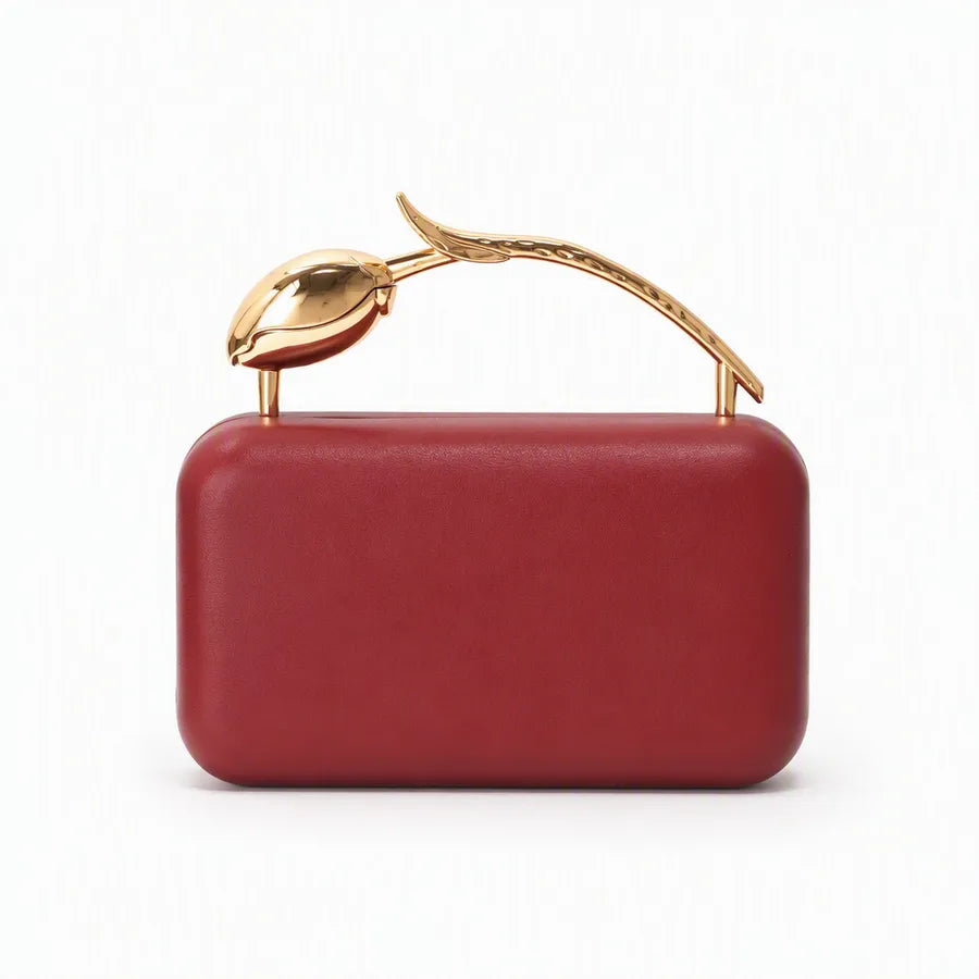 Rectangular evening clutch — burgundy with sculptural tulip handle | BTendance