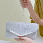 Pleated Envelope Evening Clutch with Metallic Trim – Silver with chain | BTendance