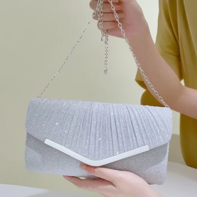 Pleated Envelope Evening Clutch with Metallic Trim – Silver with chain | BTendance