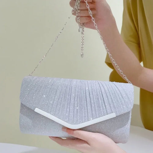Pleated Envelope Evening Clutch with Metallic Trim – Silver with chain | BTendance
