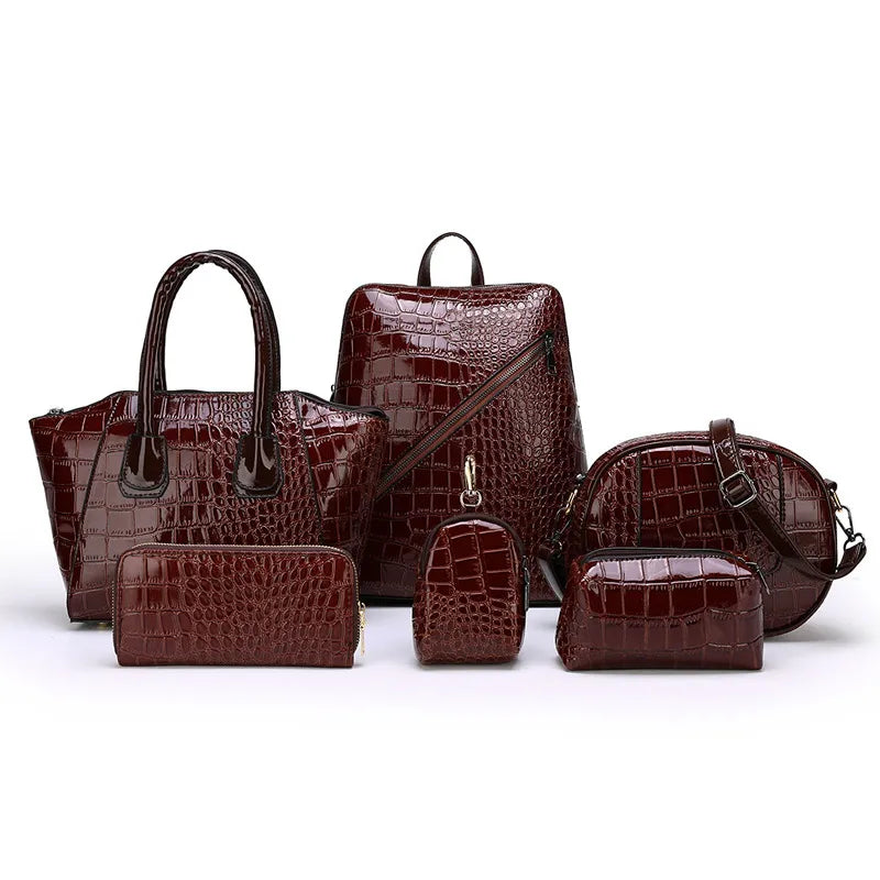 Crocodile texture matching bag set – Brown matching bag set, front view | BTendance