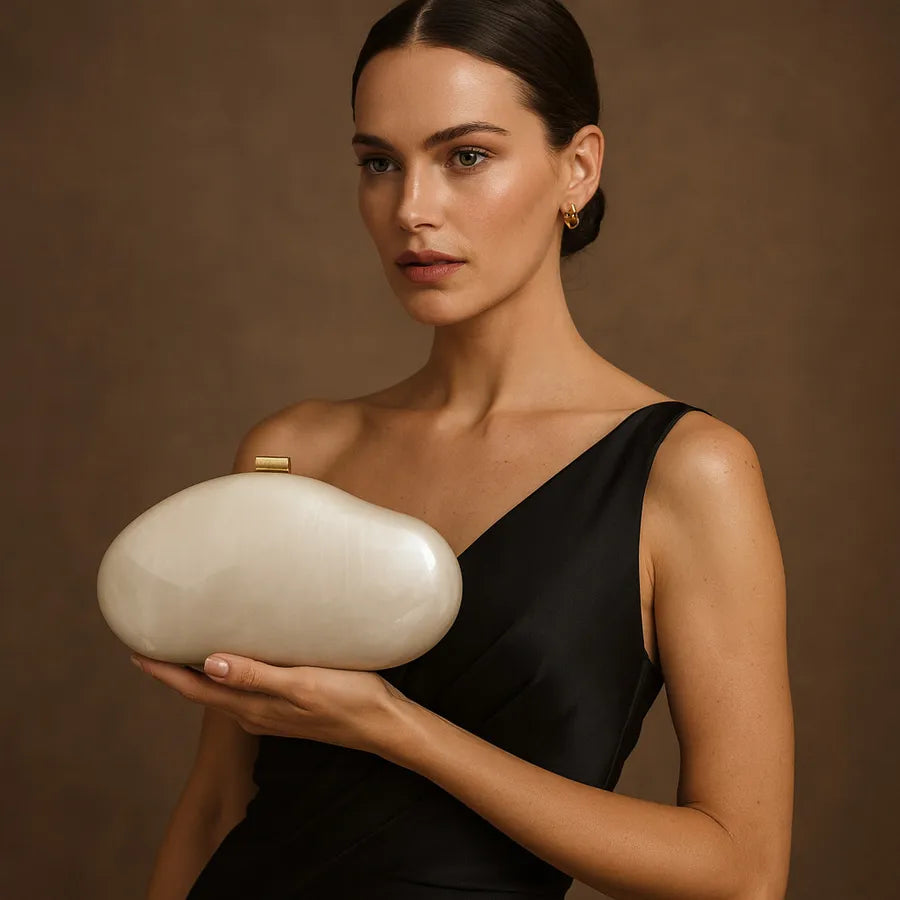 Women's Pearlescent Dome Acrylic Clutch with Chain – Held for scale | BTendance