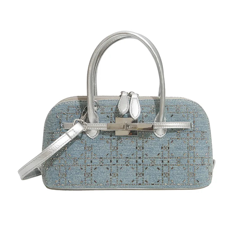 Denim handbag with silver-tone handles and shoulder strap — grid embellishments front view | BTendance