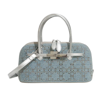 Denim handbag with silver-tone handles and shoulder strap — grid embellishments front view | BTendance