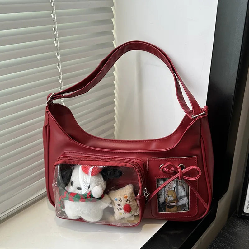 Shoulder bag with clear front display pocket — burgundy with plush decorations in clear pocket | BTendance