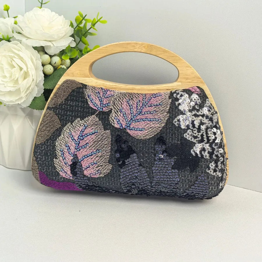 Floral Embroidered Sequin Evening Handbag in Black Background with Black Flowers | BTendance