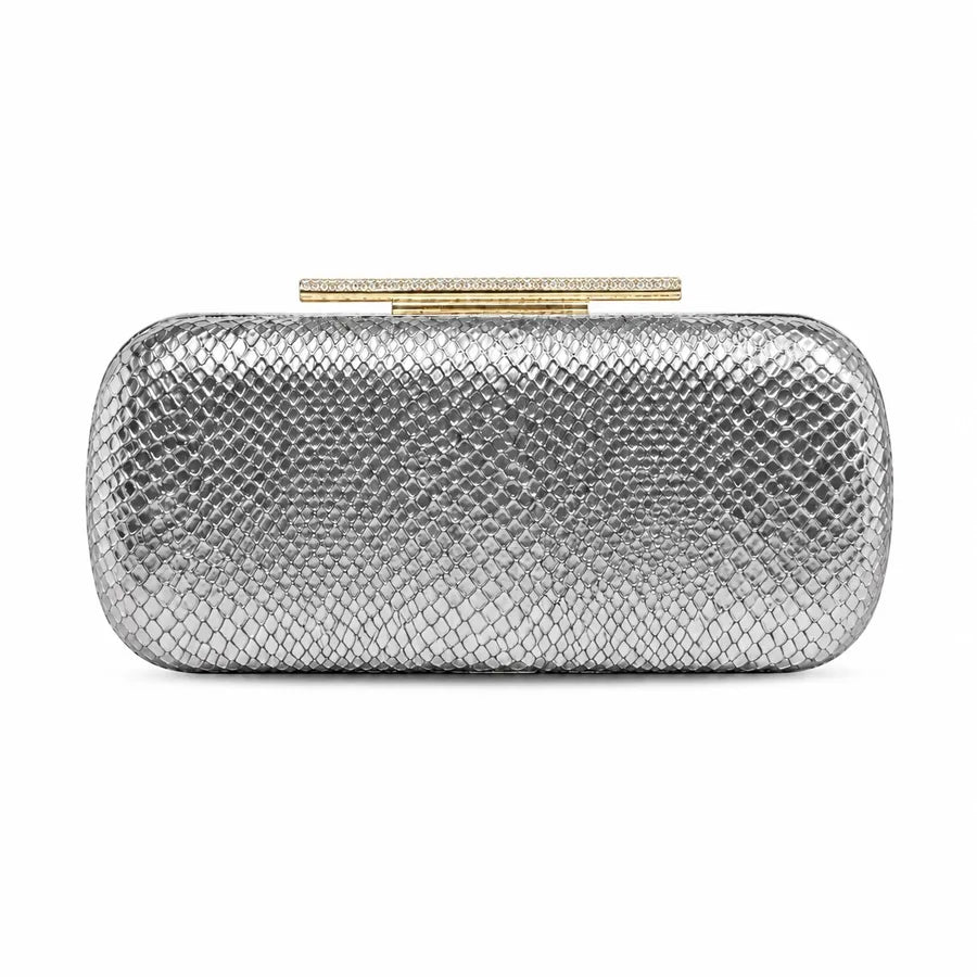 Snakeskin-texture rectangular evening clutch with bar clasp — silver on white background | BTendance