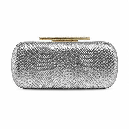 Snakeskin-texture rectangular evening clutch with bar clasp — silver on white background | BTendance