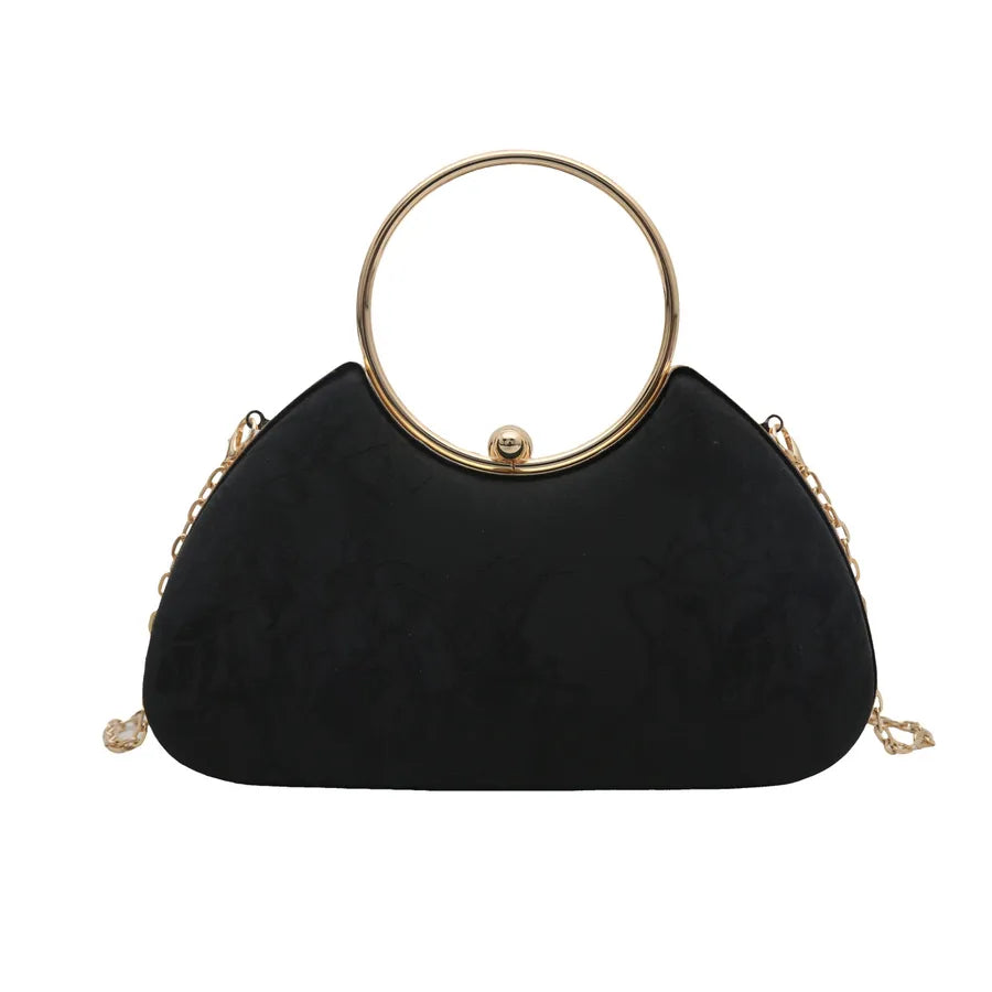 Women's Ring Handle Evening Bag with Floral Texture – Black front | BTendance