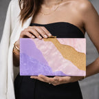 Women's Color Block Acrylic Statement Clutch – Purple multicolor held for scale | BTendance