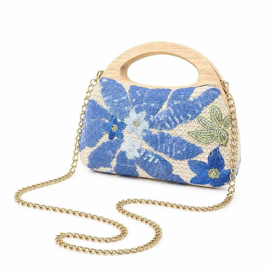 Women's Floral Embroidered Straw Evening Bag with Oval Handle – Floral front with chain | BTendance