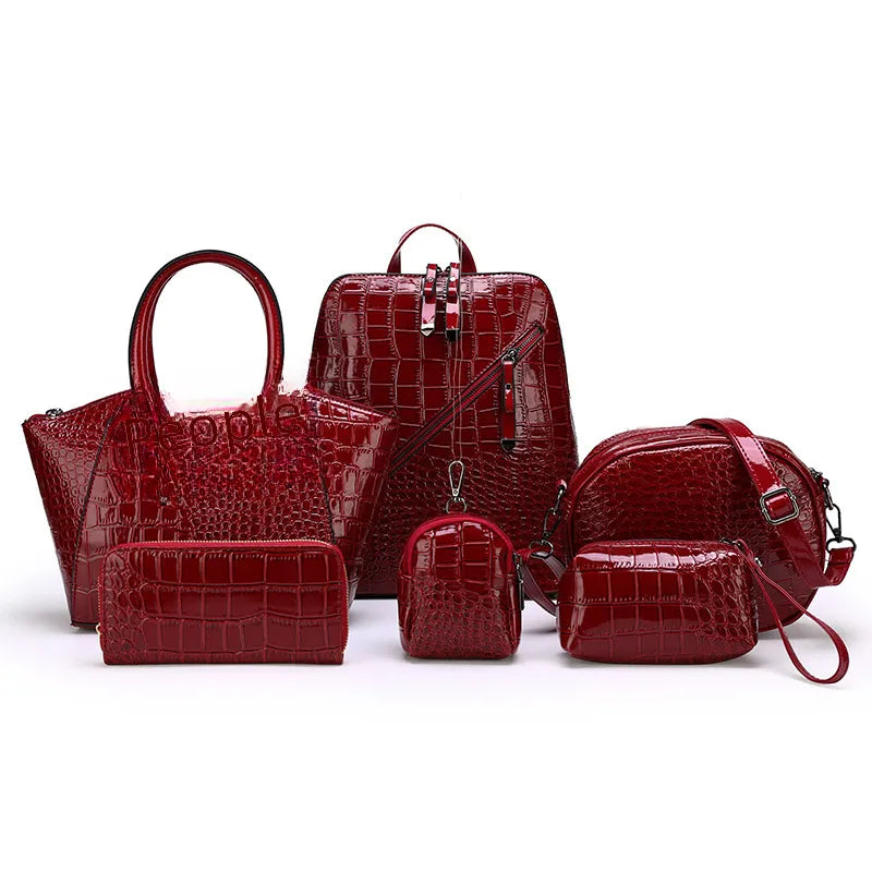 Crocodile texture matching bag set – Red matching bags and accessories on white background | BTendance