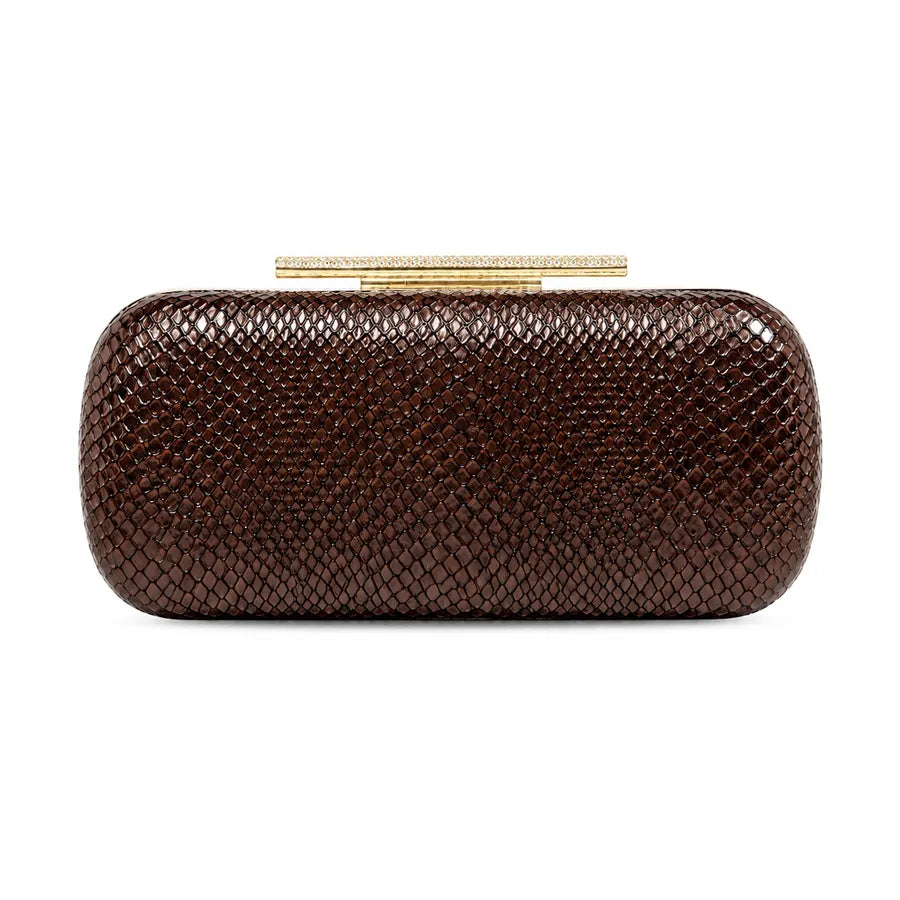 Snakeskin-texture rectangular evening clutch with bar clasp — brown on white background | BTendance