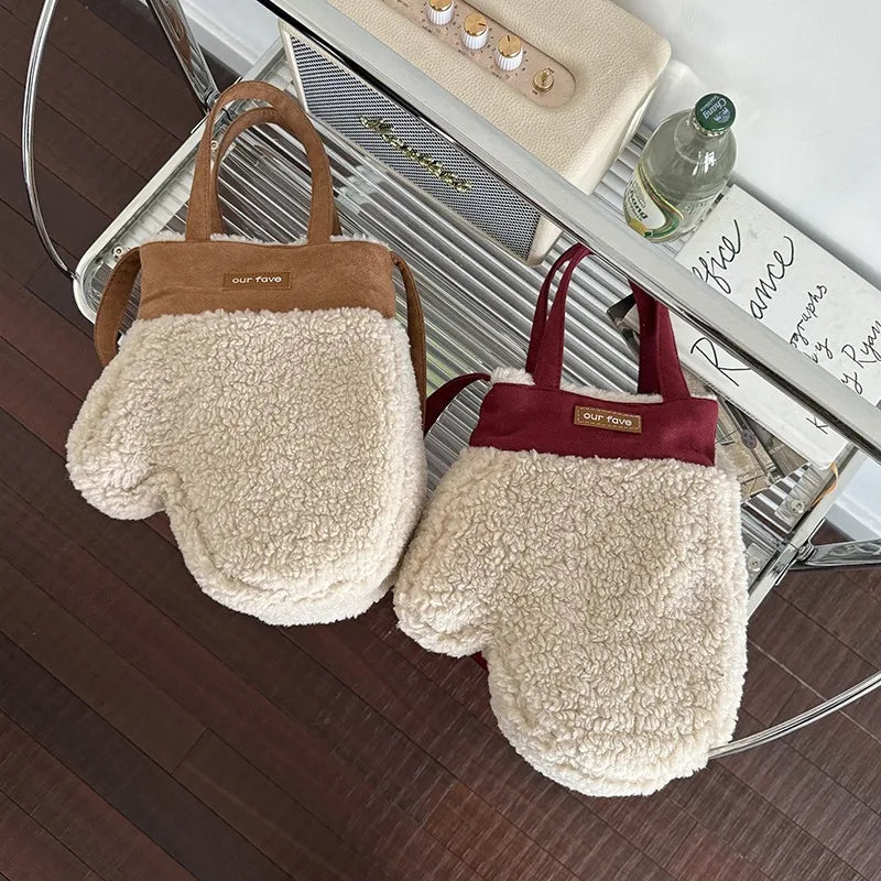 Mitten-shaped crossbody bag with contrasting plush panel — tan and burgundy showing plush reverse panels | BTendance