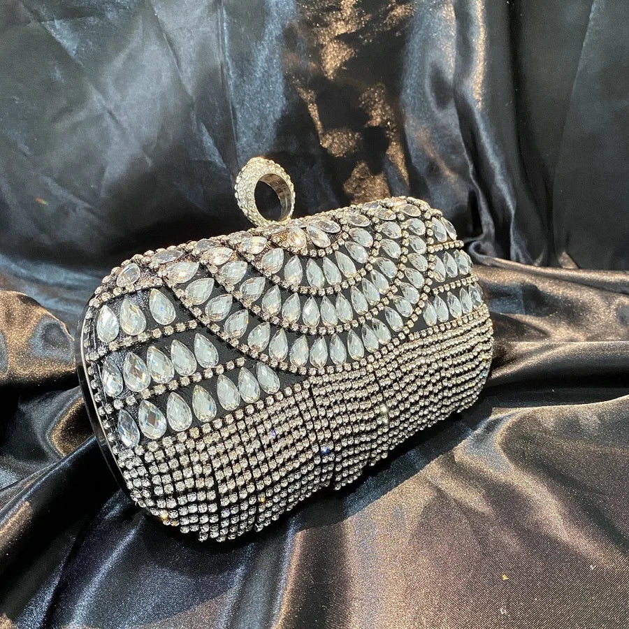 Scalloped Rhinestone Box Clutch – Black front | BTendance