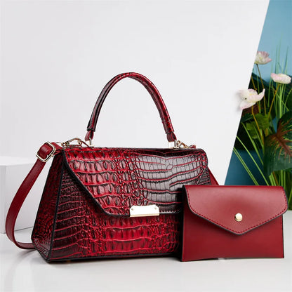 Croc-Embossed Faux Leather Handbag & Pouch Set in Red | BTendance