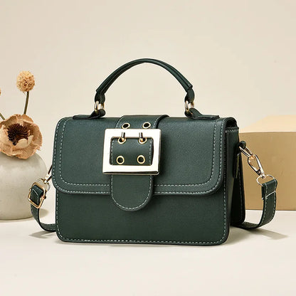 Buckle Detail Faux Leather Crossbody Bag in Green | BTendance