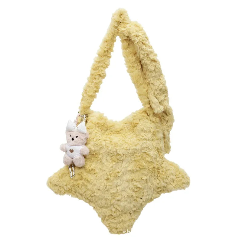 Star-shaped plush shoulder bag with small hanging charm — yellow on white background | BTendance