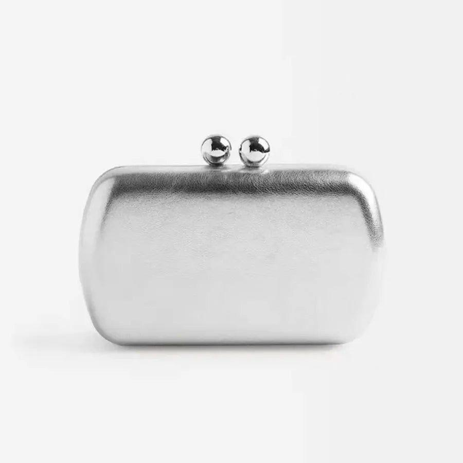 Women's Kiss-Lock Faux Leather Evening Clutch – Silver front | BTendance
