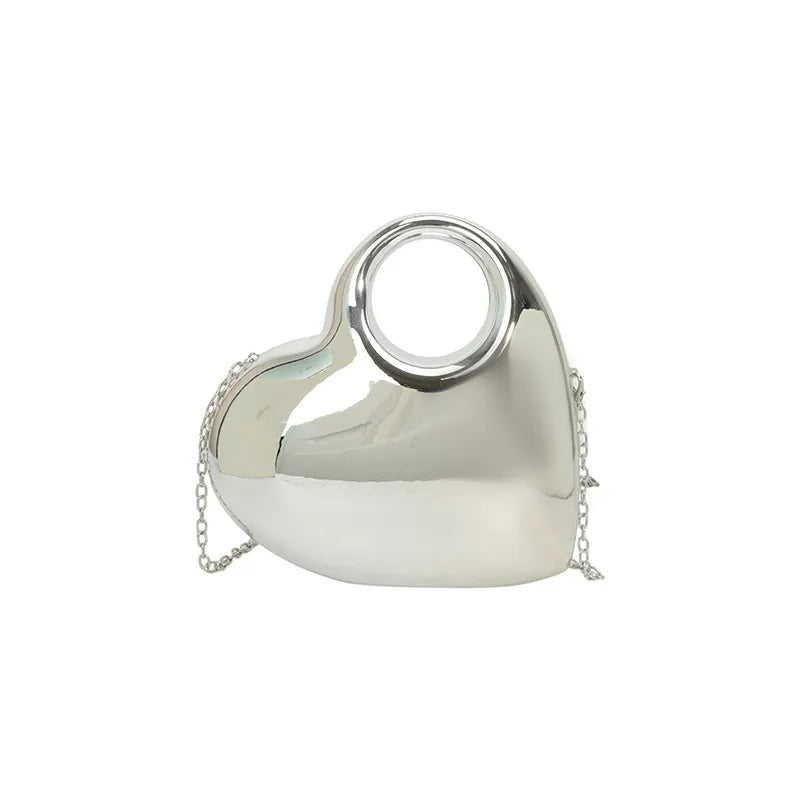 Women's Metallic Heart Clutch with Ring Handle – Silver front | BTendance