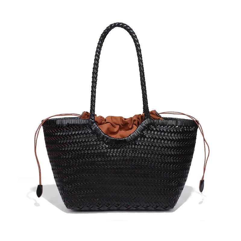 Woven texture tote with drawstring lining – Black tote with drawstring lining visible | BTendance