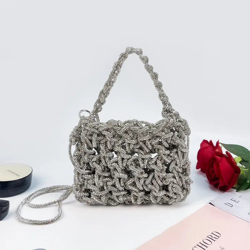 Woven Rhinestone Evening Bag with Shoulder Strap – Front with strap | BTendance