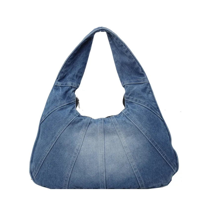 Denim shoulder bag with panel seams – Blue bag, front view | BTendance