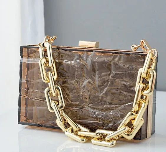 Transparent box bag with gold tone chain – Smoke brown bag with chunky chain, front view | BTendance