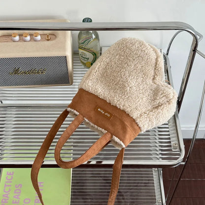 Mitten-shaped crossbody bag with contrasting plush panel — tan showing cream plush reverse panel | BTendance