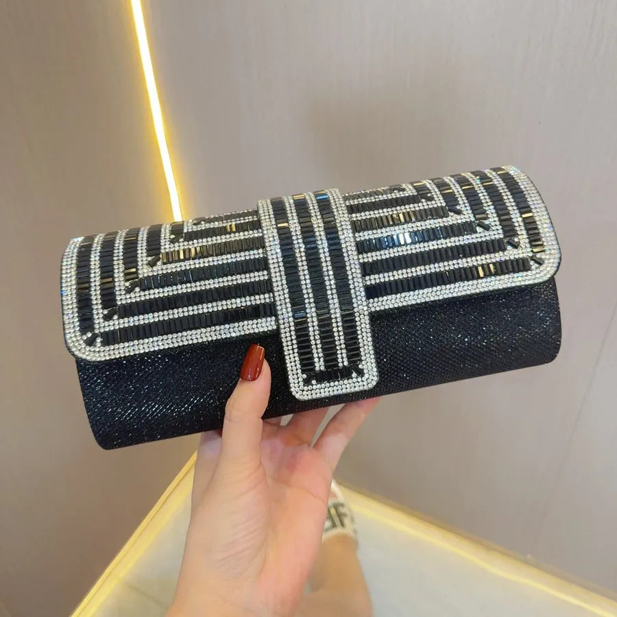 Geometric Rhinestone Flap Evening Clutch – Black held for scale | BTendance