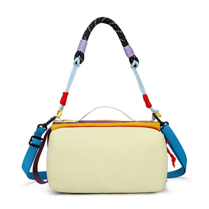 Color-block crossbody bag with rope handle — yellow front view on white background | BTendance