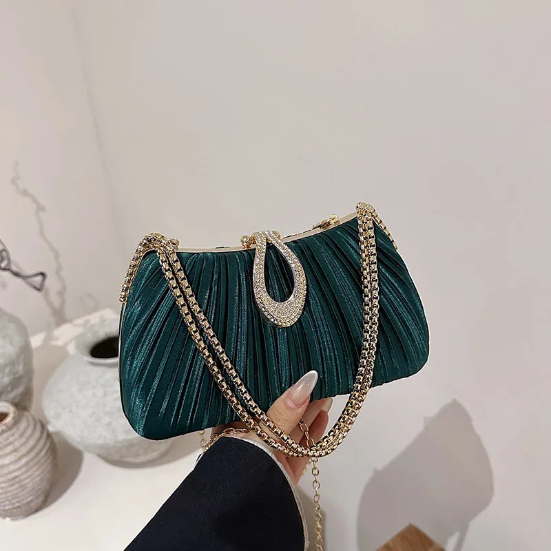 Pleated Evening Bag with Rhinestone Loop Detail – Green with chain | BTendance