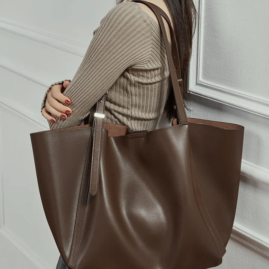 Soft tote bag with long handles – Brown tote shown against a ribbed top | BTendance