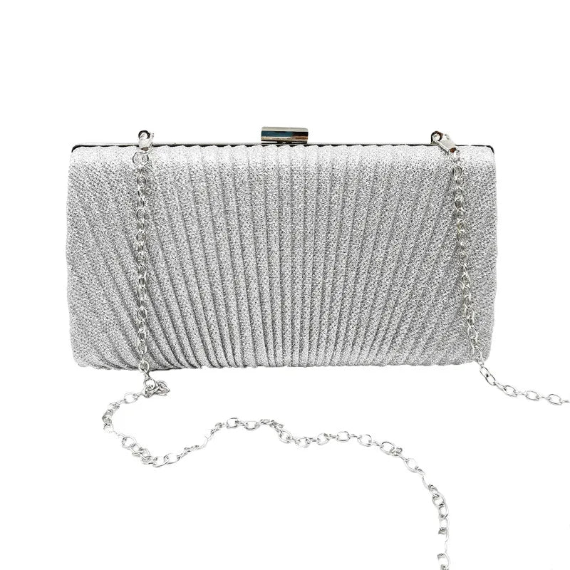 Women's Pleated Faux Leather Evening Clutch with Chain – Silver with chain | BTendance