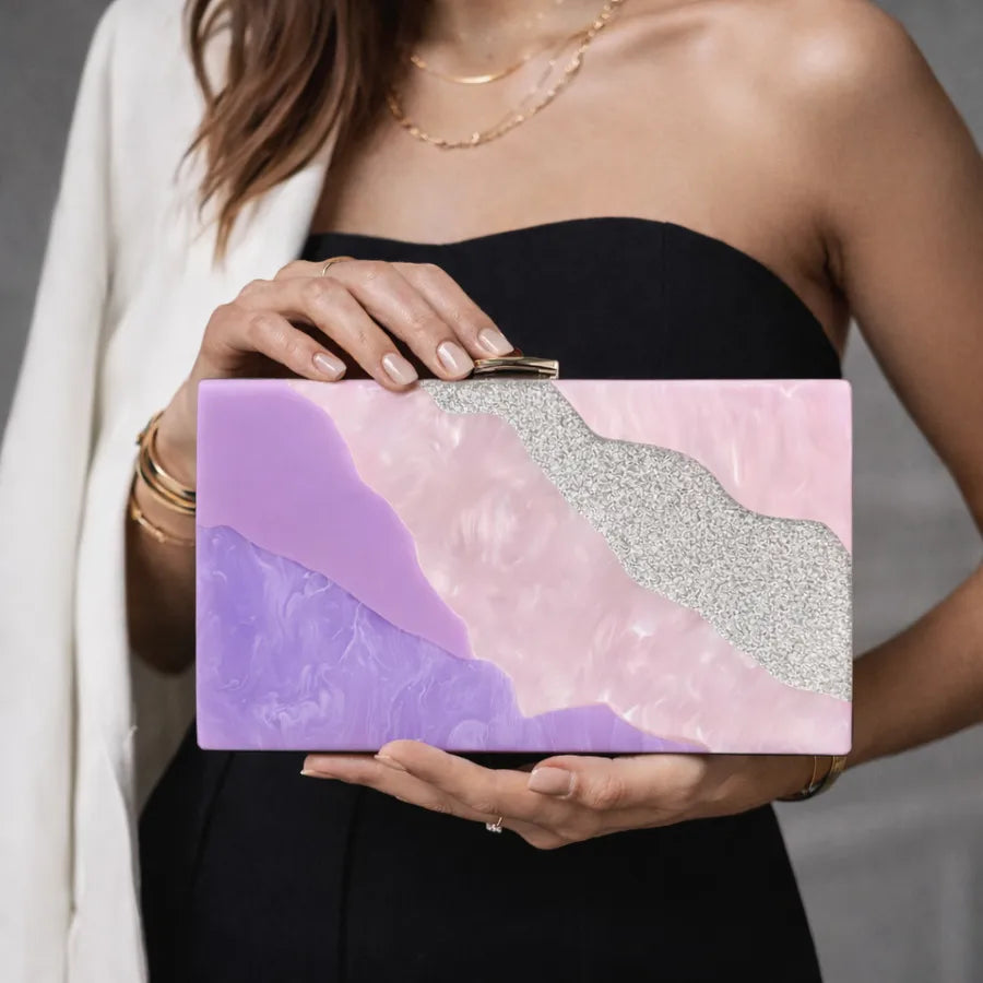Women's Color Block Acrylic Statement Clutch – Light purple multicolor held for scale | BTendance